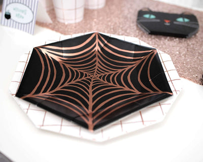 Rose Gold Cobweb Plates on White and Rose Gold Grid Plates