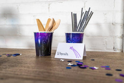 Space Party Cups with Silver Paper Straws and Utensils
