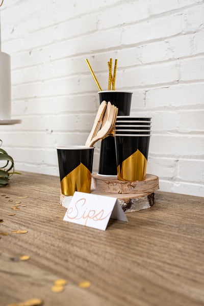 Noir Black and Gold Party Cups and Utensils