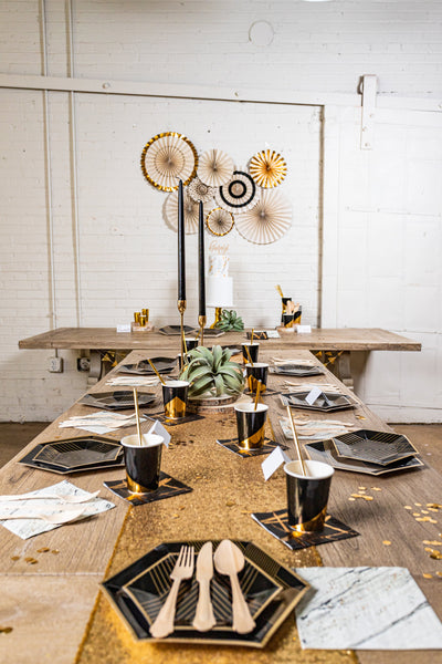 Black Noir and Gold Party Table Setup