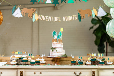 Woodland Adventure Dessert Table with Adventure Awaits Backdrop