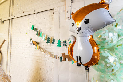 Woodland Adventure Banner with Fox and Confetti Balloons