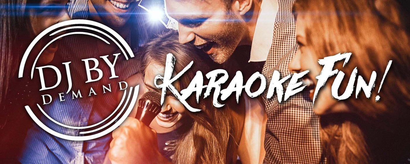 Party guests signing karaoke under karaoke rental logo