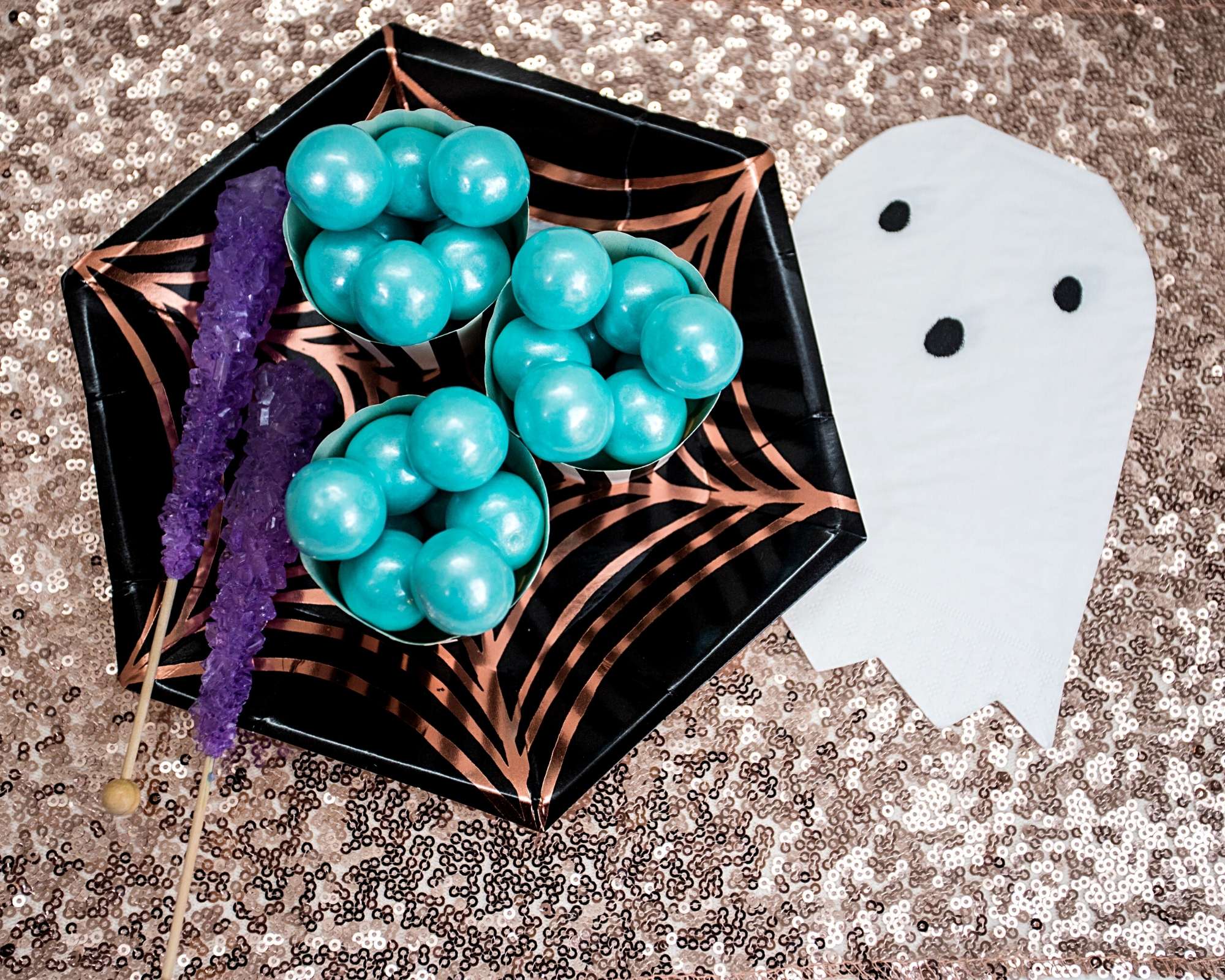 Rose Gold Cobweb Party Plates with Ghost Napkins