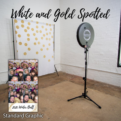 White and Gold Spotted Photo Booth Backdrop with Coordinating Graphic Design