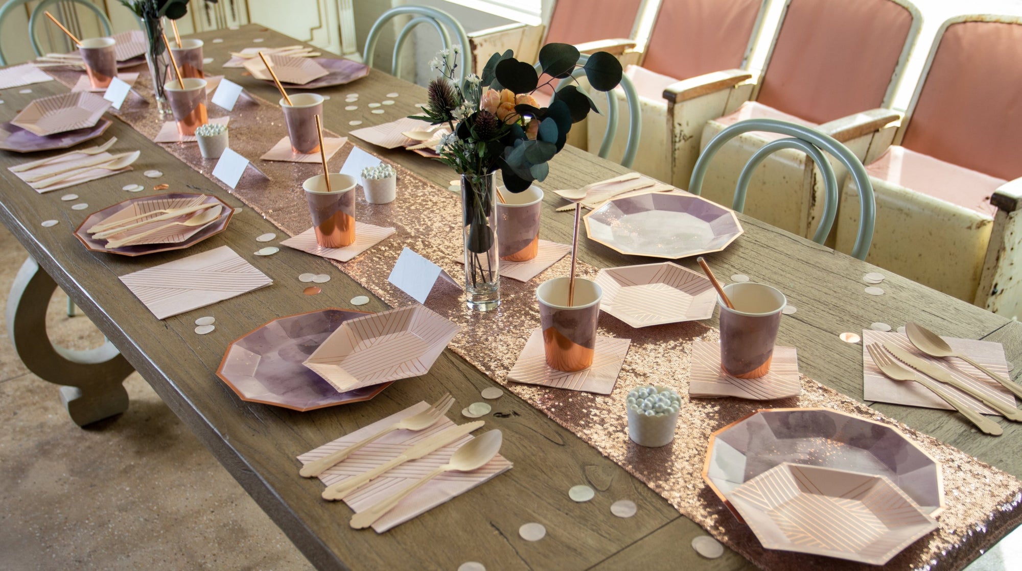 Purple and Rose Gold Table Settings