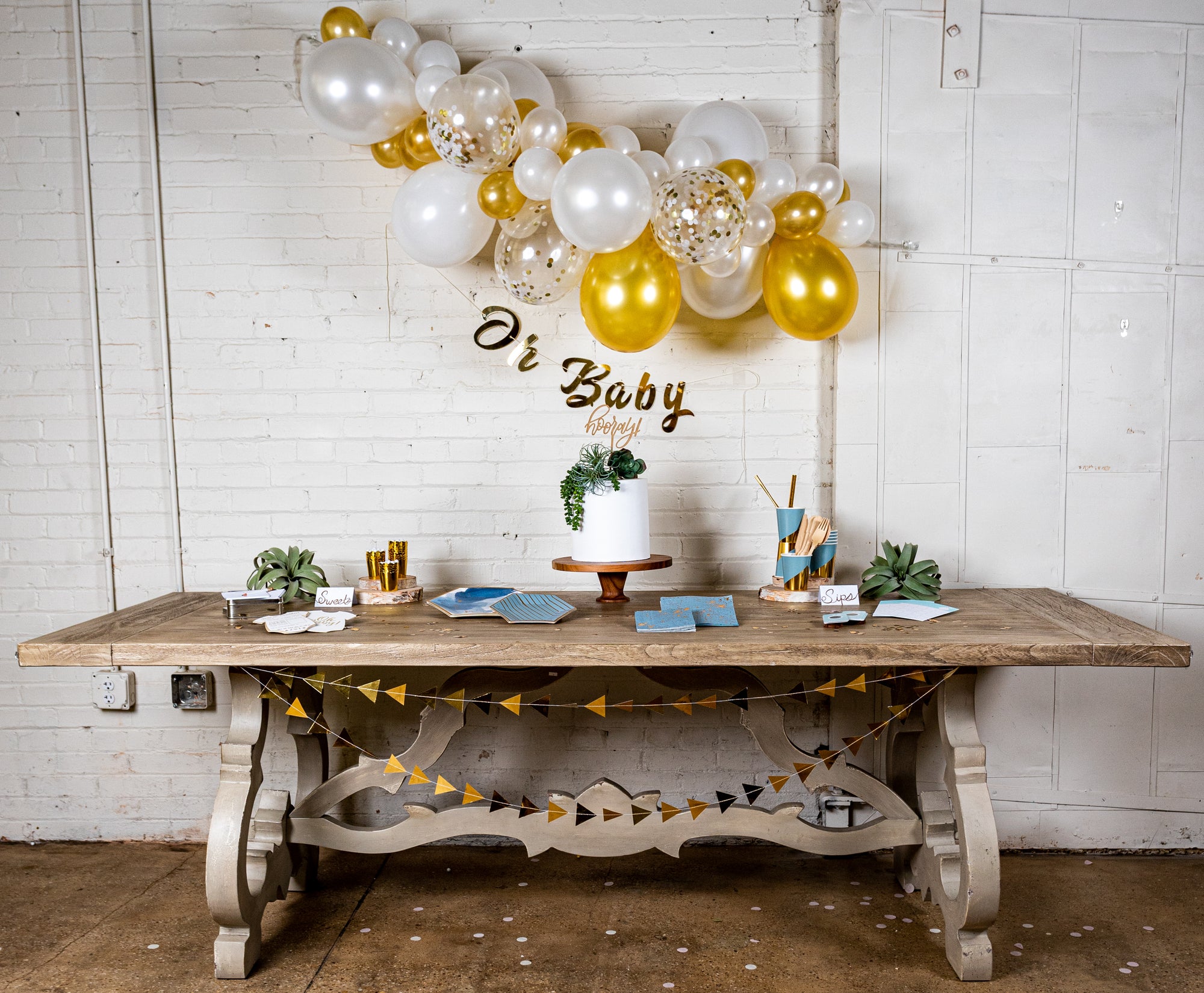 Malibu Blue and Gold Baby Shower Decor with Balloon Garland