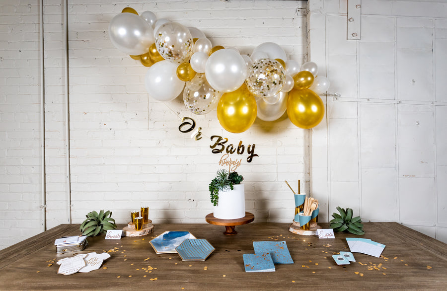 Malibu Blue and Gold Baby Shower Supplies with Balloon Garland