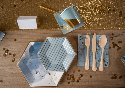 Malibu Blue Watercolor and Gold Foil Party Tableware