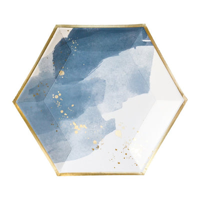 Blue Watercolor and Gold Foil Party Plate