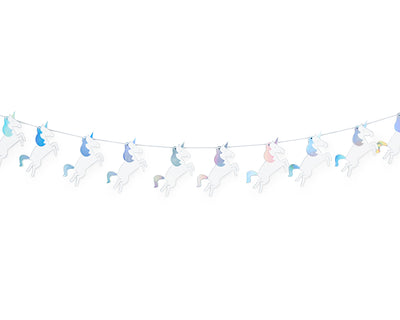 iridescent party banner with paper unicorns