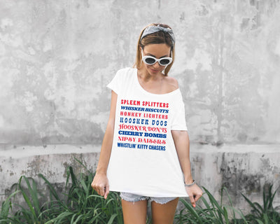 Woman in White Shirt with Joe Dirt Fireworks Quote