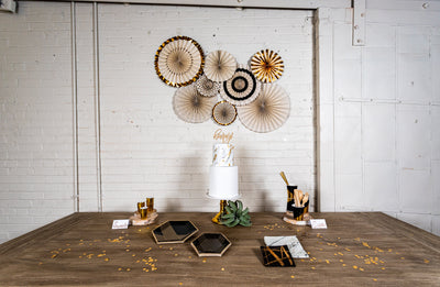 Noir Black and Gold Party with Decorative Fan Backdrop