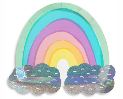 pastel rainbow paper party plates with iridescent foil