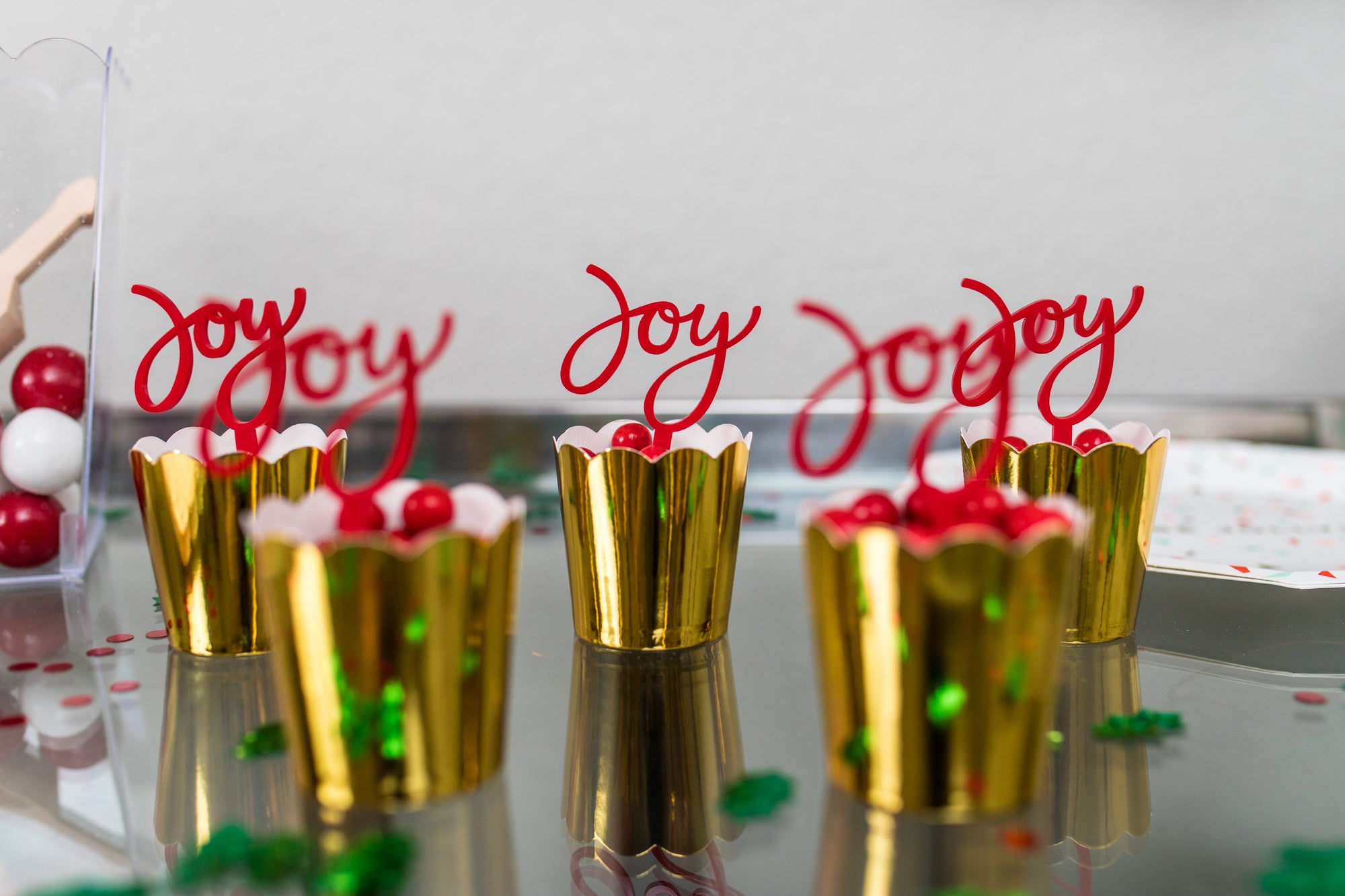 Red Acrylic Joy Treat Toppers with Gold Baking Cups