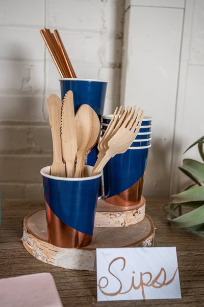 Rose Gold and Navy Party Cups with Utensils