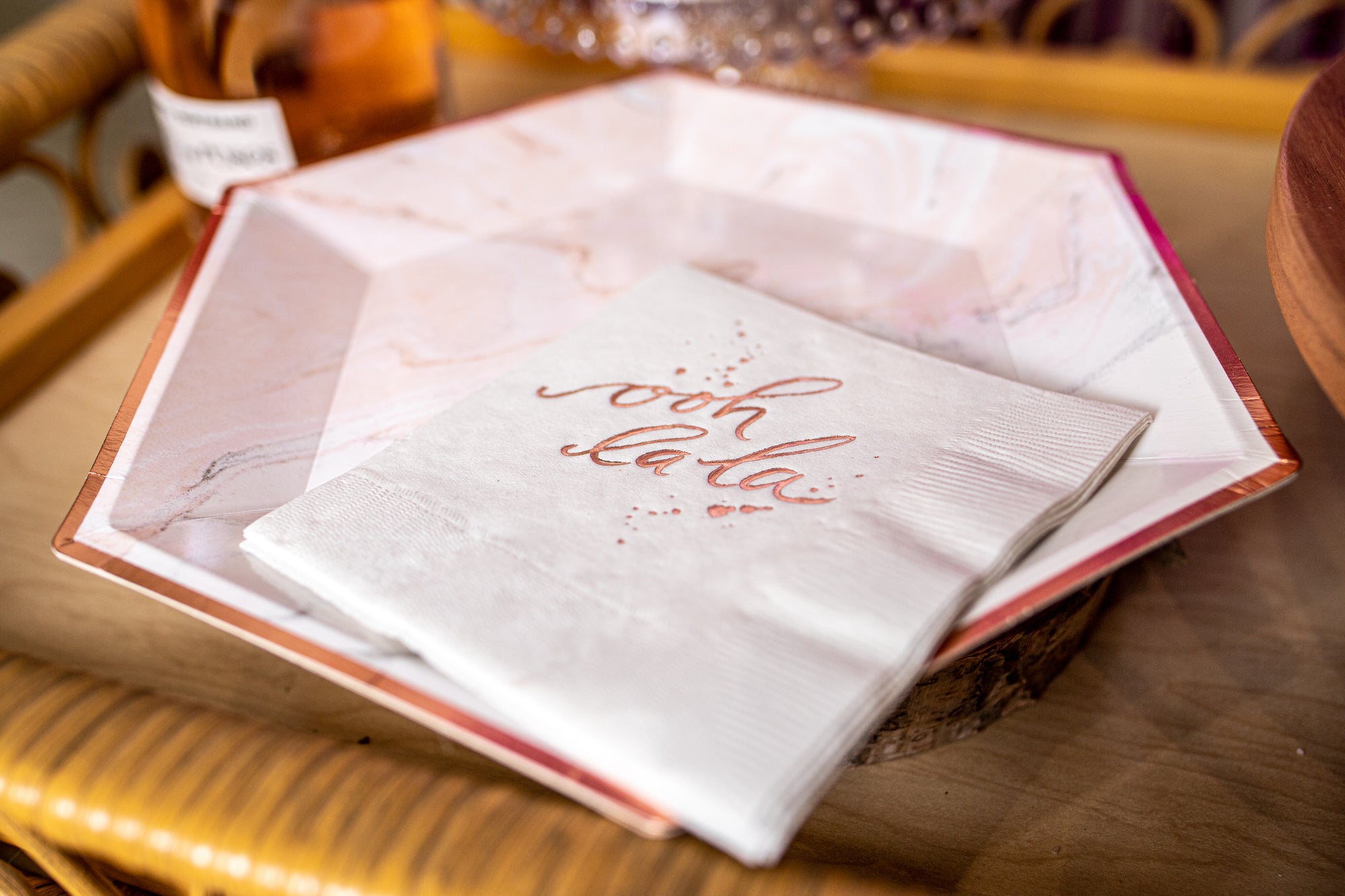 Marble Blush Plates and Rose Gold Foil Ooh La La Napkins