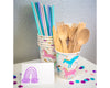 unicorn party cups and utensils with place card