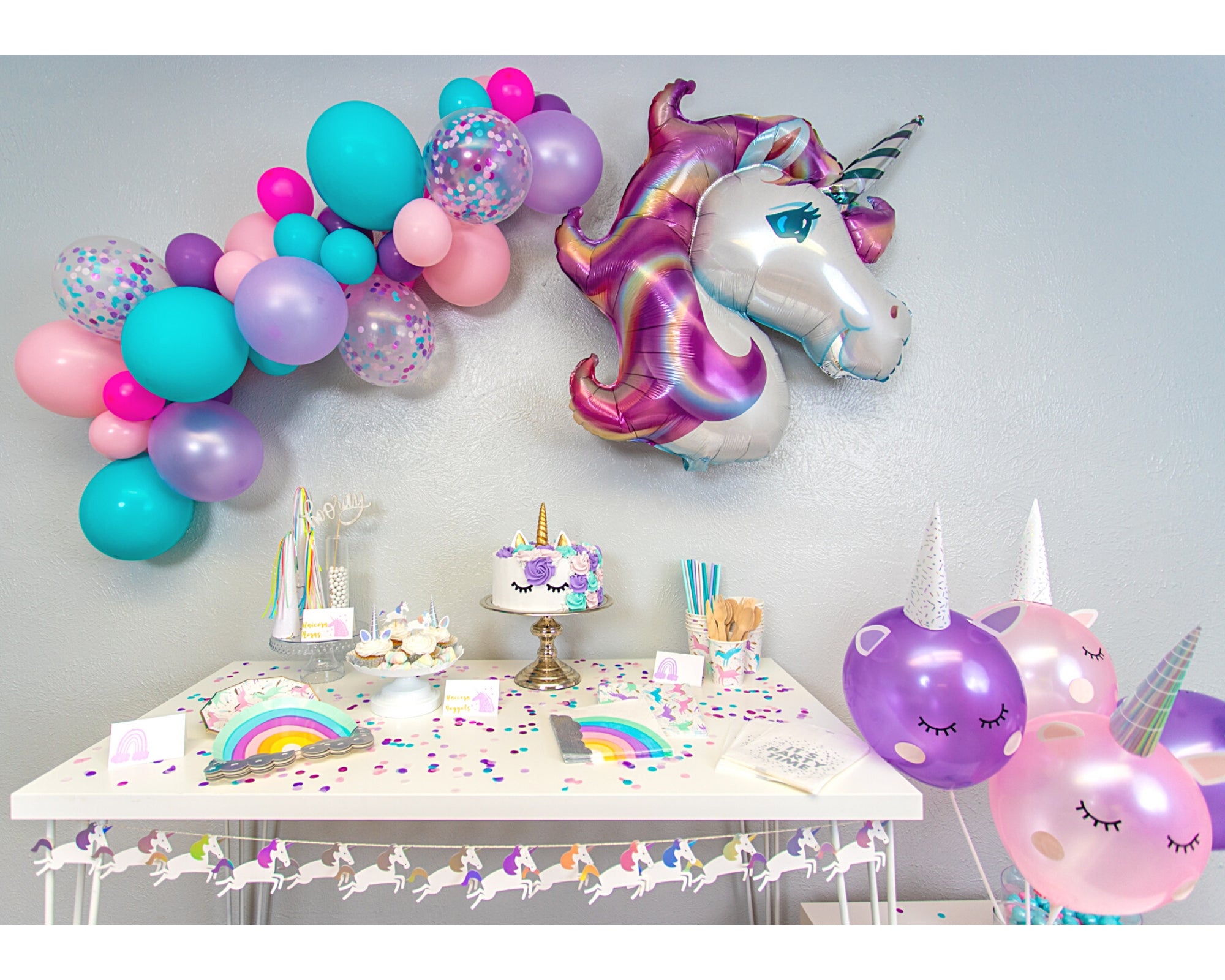 Multicolor Afro Unicorn Birthday Party Tableware Kit for 16 Guests