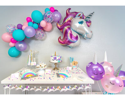 unicorn rainbow party in a box kit setup